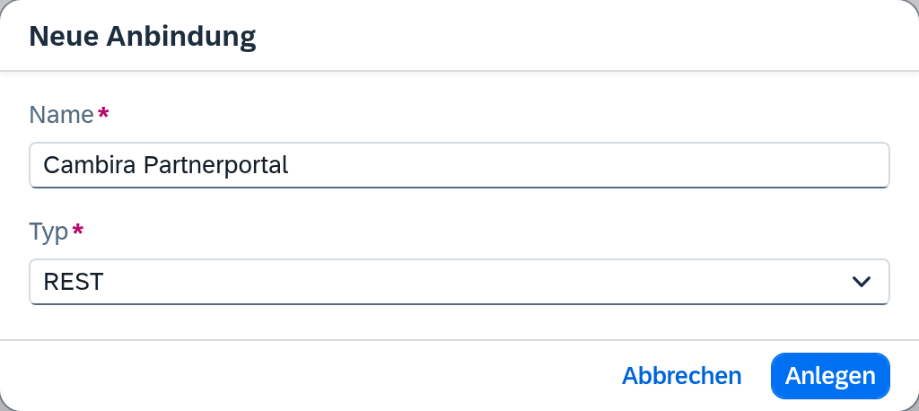 Dialog „Neue Anbindung“ mit Name und Typ
