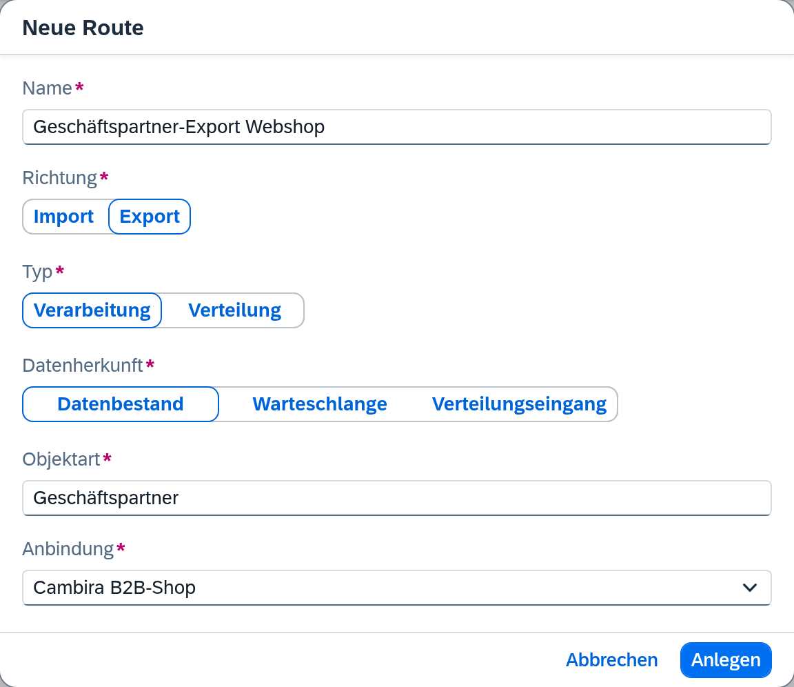 Route anlegen – Verarbeitungsroute (Export)