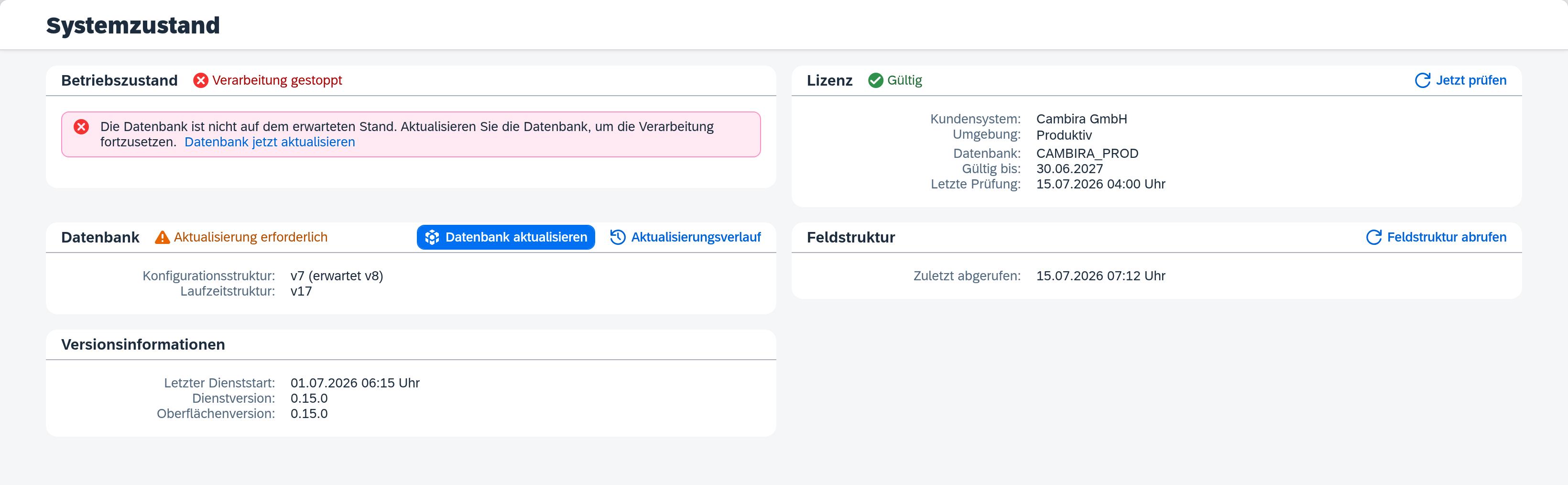 Seite „Systemzustand“ mit erforderlicher Aktualisierung und der Aktion „Datenbank aktualisieren“