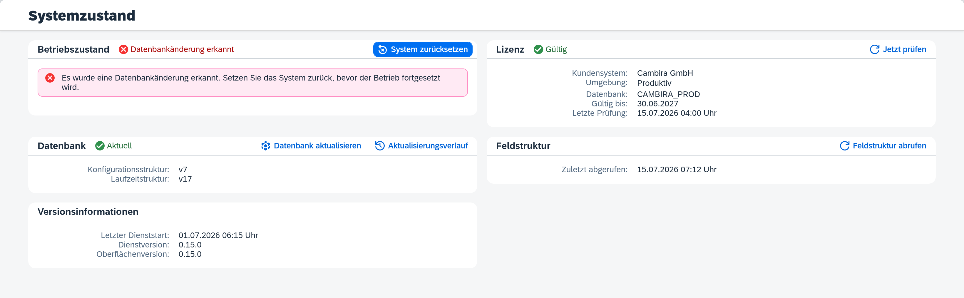 Seite „Systemzustand“ mit rotem Betriebszustand „Datenbankänderung erkannt“