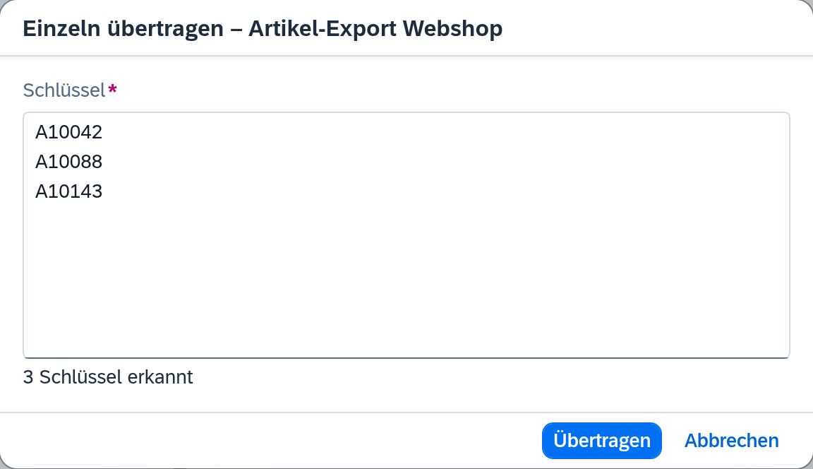 Einzeln übertragen – Dialog einer Export-Route mit dem Feld Schlüssel und drei erkannten Schlüsseln