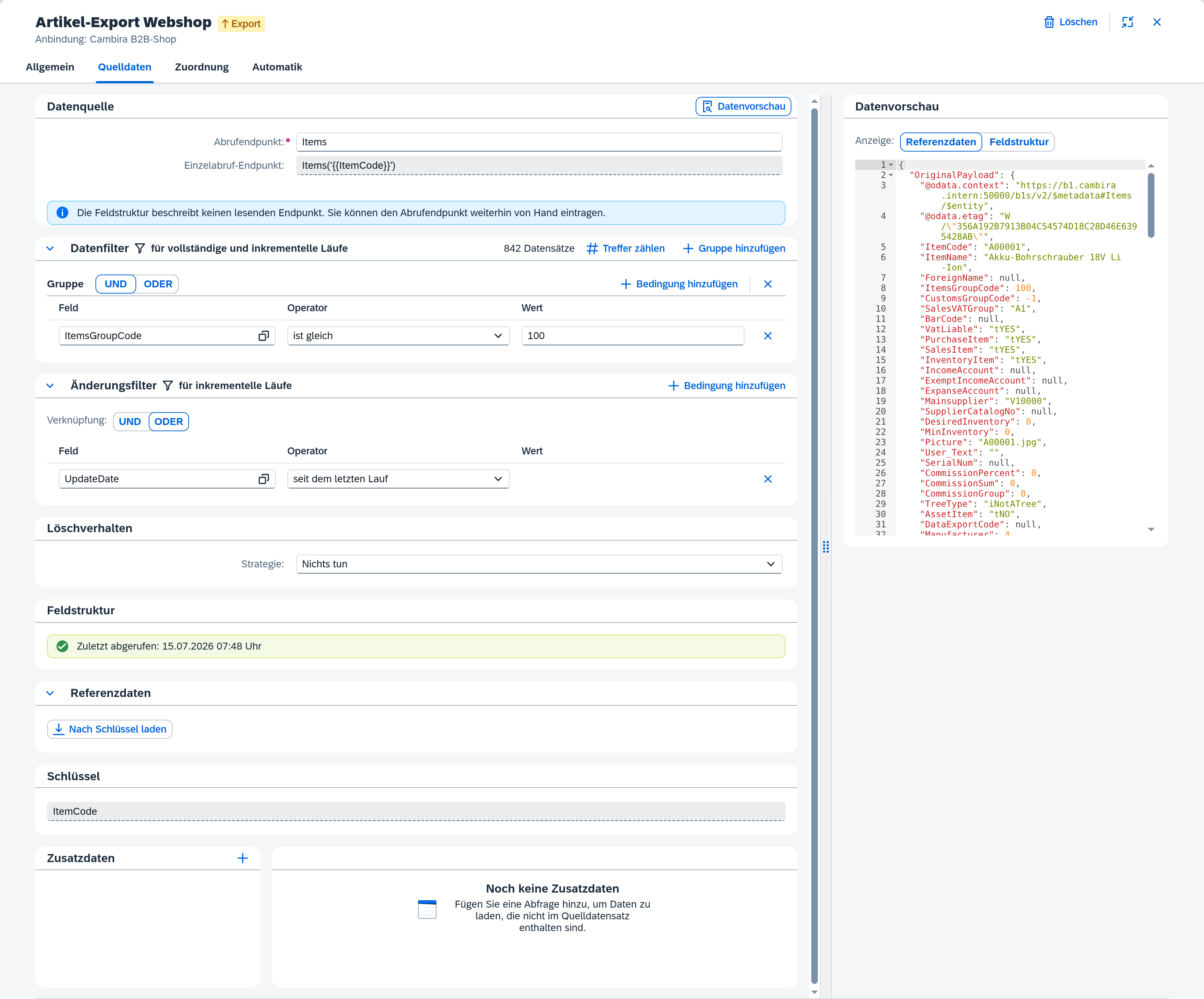 Quelldaten-Reiter mit Datenfilter (ItemsGroupCode ist gleich 100) und Änderungsfilter (UpdateDate seit dem letzten Lauf)