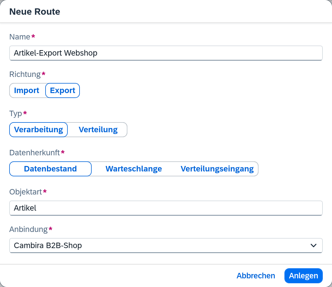 Route anlegen – Artikel-Export Webshop