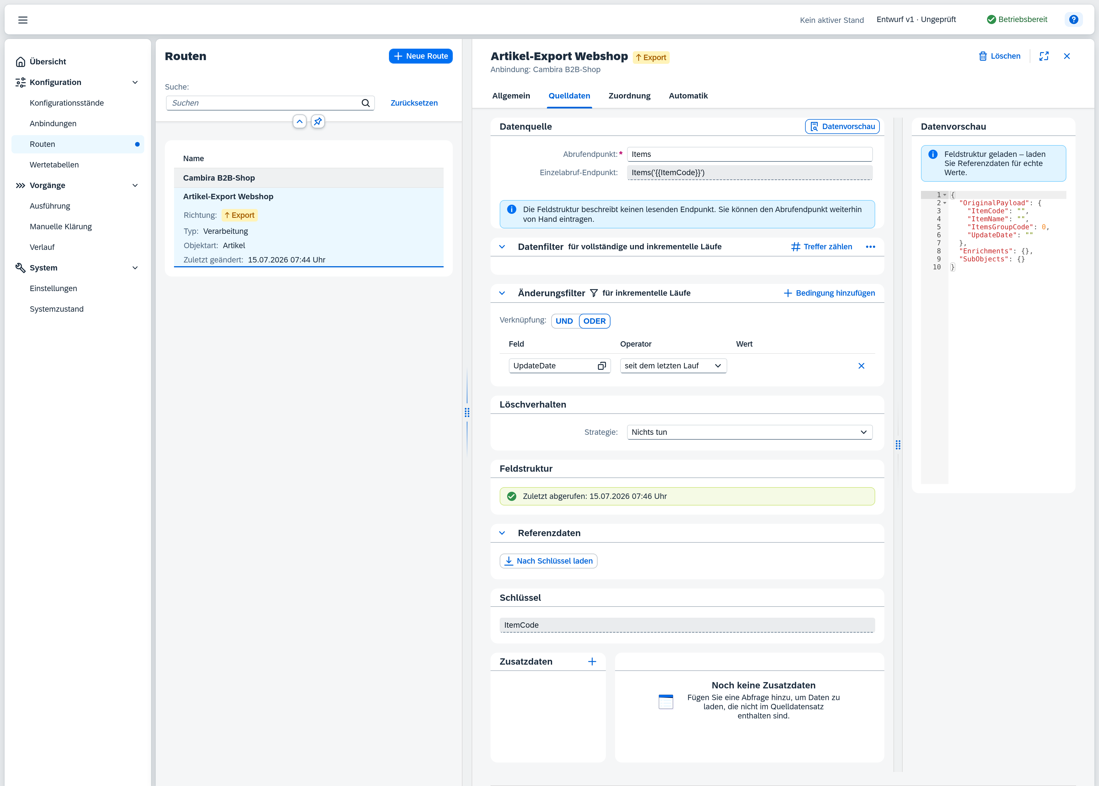 Quelldaten-Reiter: Datenquelle mit Abrufendpunkt Items und der vorgeschlagene Änderungsfilter