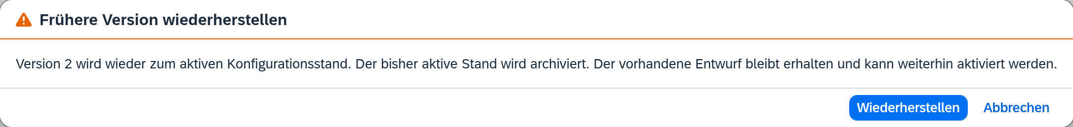 Bestätigungsdialog „Frühere Version wiederherstellen“ mit Zielversion und Hinweis auf den Entwurf