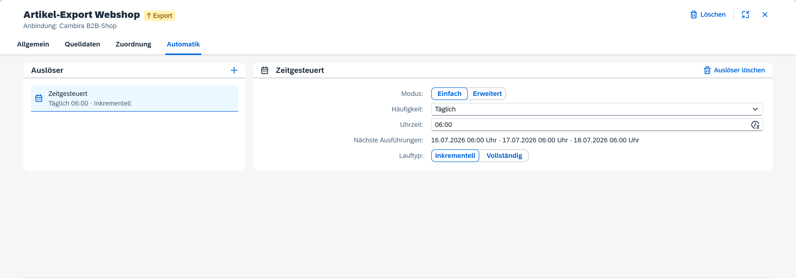 Reiter Automatik mit einem zeitgesteuerten Auslöser, seiner Häufigkeit und der Vorschau der nächsten Läufe