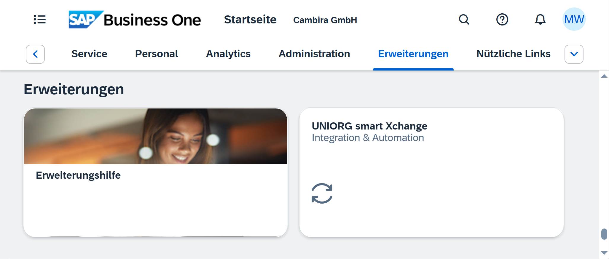 SAP Business One Web Client – Xchange-Kachel im Bereich „Erweiterungen“