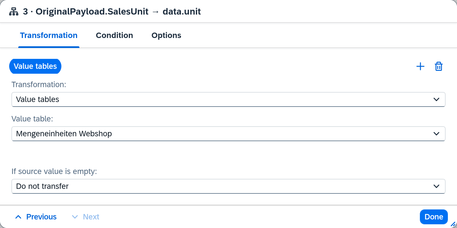 Field details — the "Value table" transformation with a table selected
