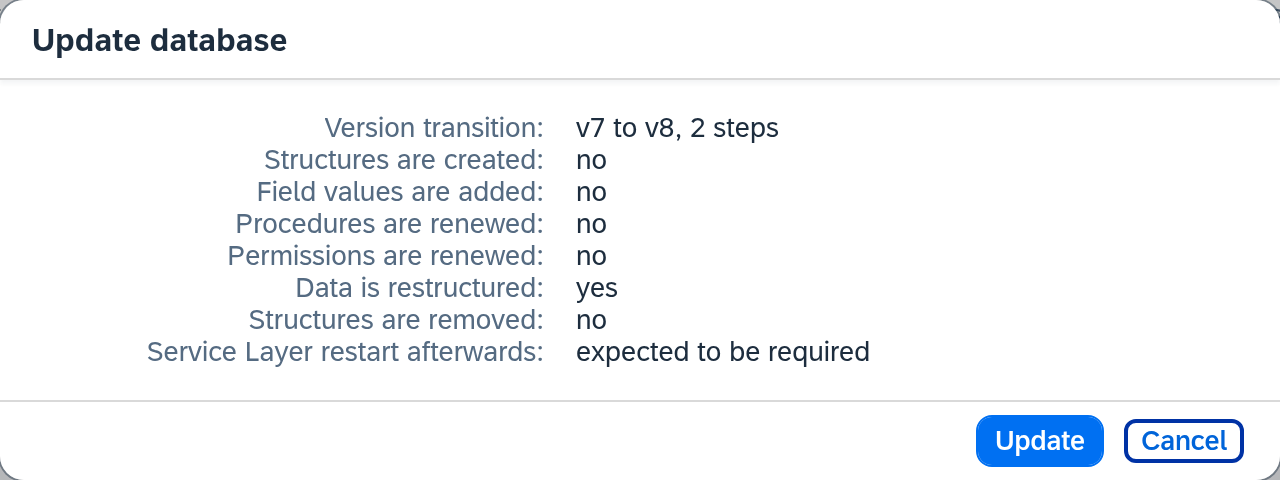 The "Update database" plan dialog with the version transition, new structures, and the announced Service Layer restart
