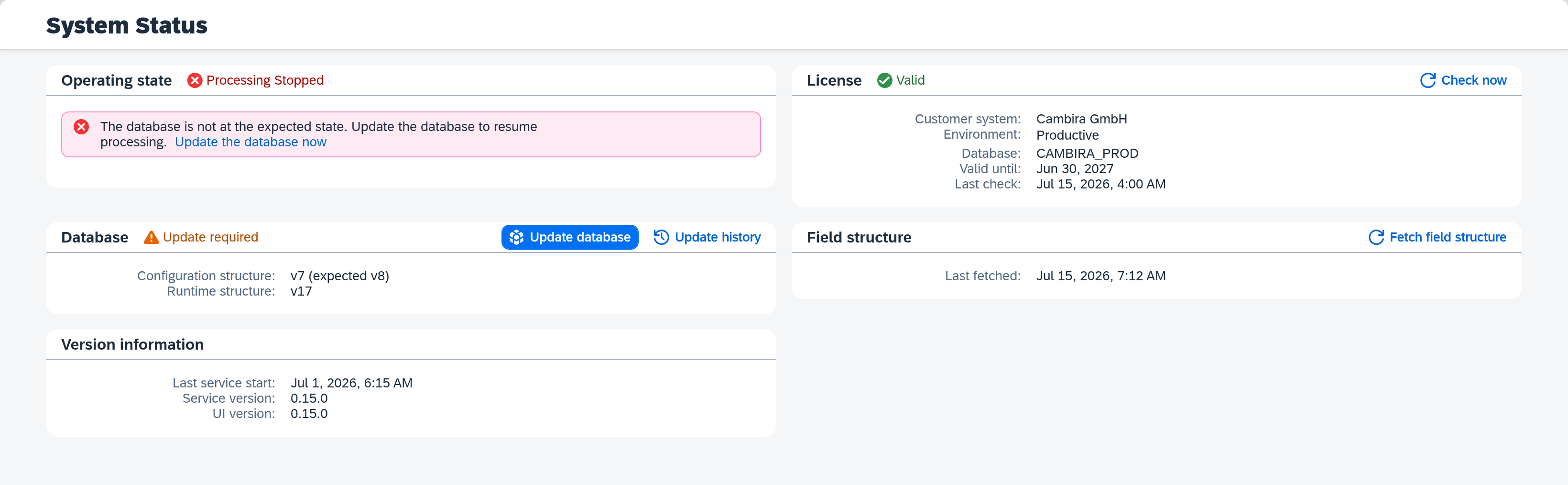 System Status page with the required update and the "Update database" action