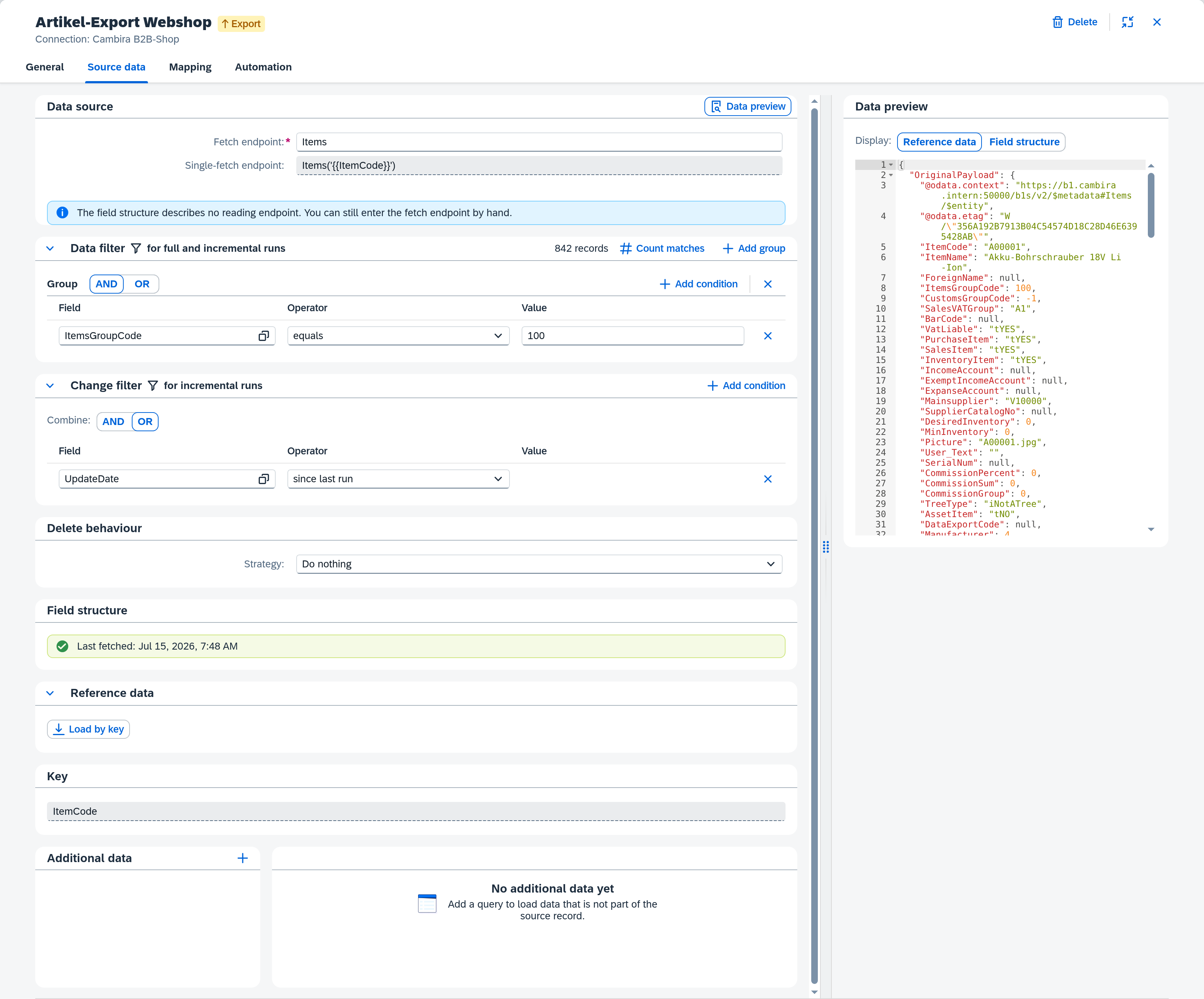 Source data tab with data filter (ItemsGroupCode equals 100) and change filter (UpdateDate since last run)
