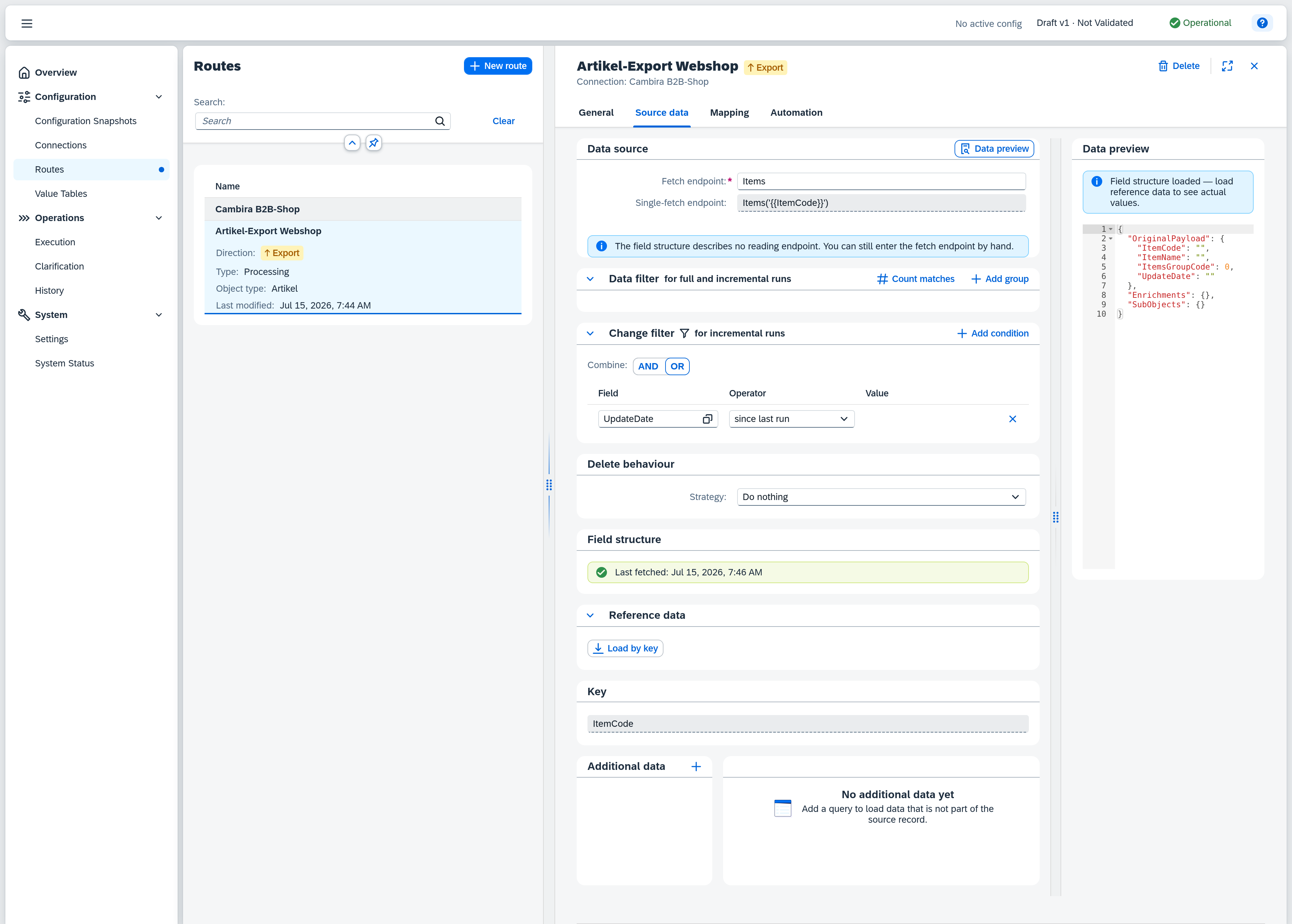 Source data tab: data source with fetch endpoint Items and the suggested change filter
