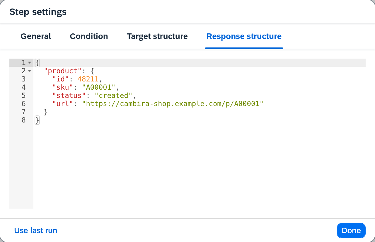 Step settings — Response structure tab with a sample response and the "Use last run" button