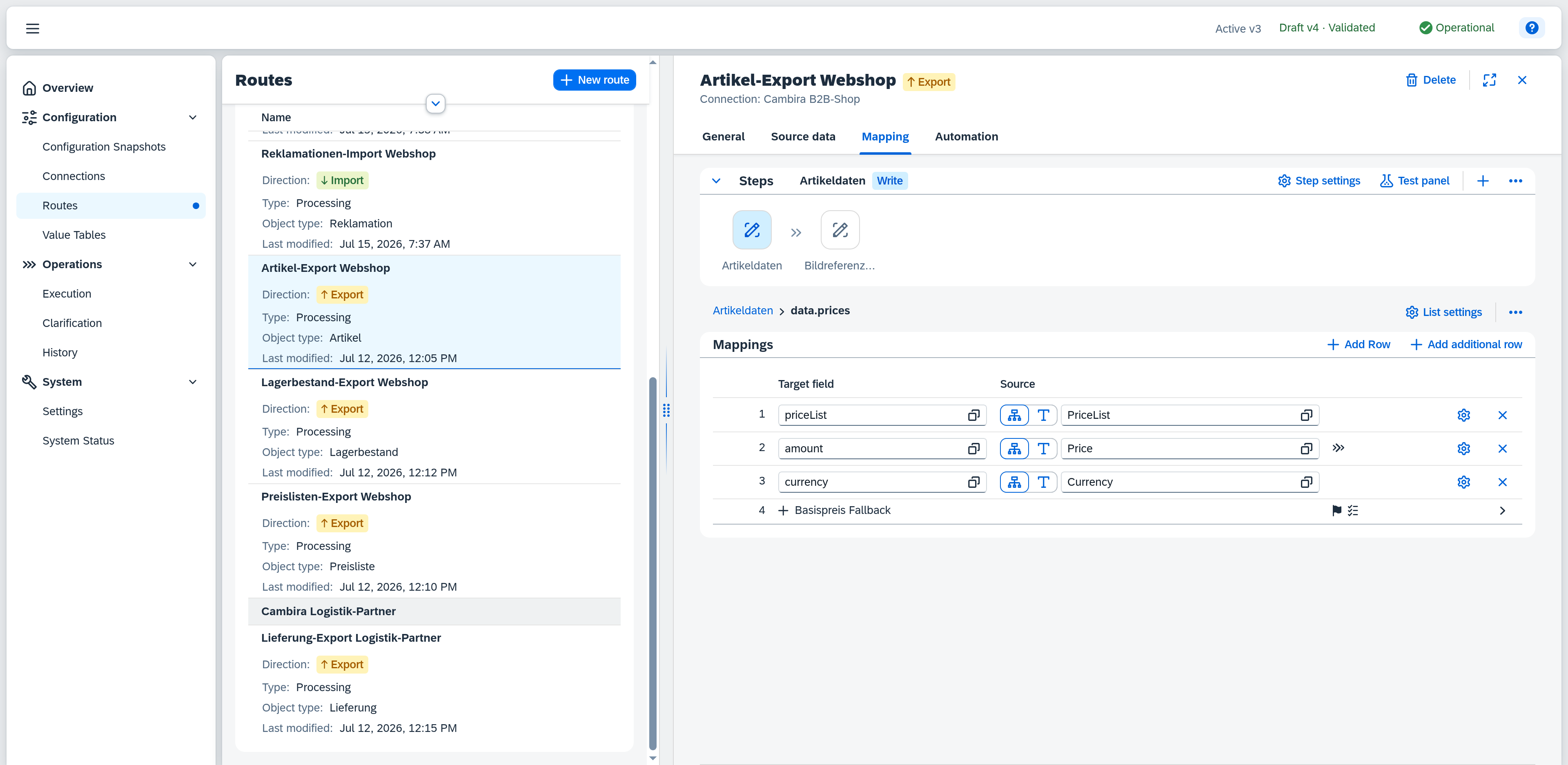 Routes — Mapping, list detail with mappings