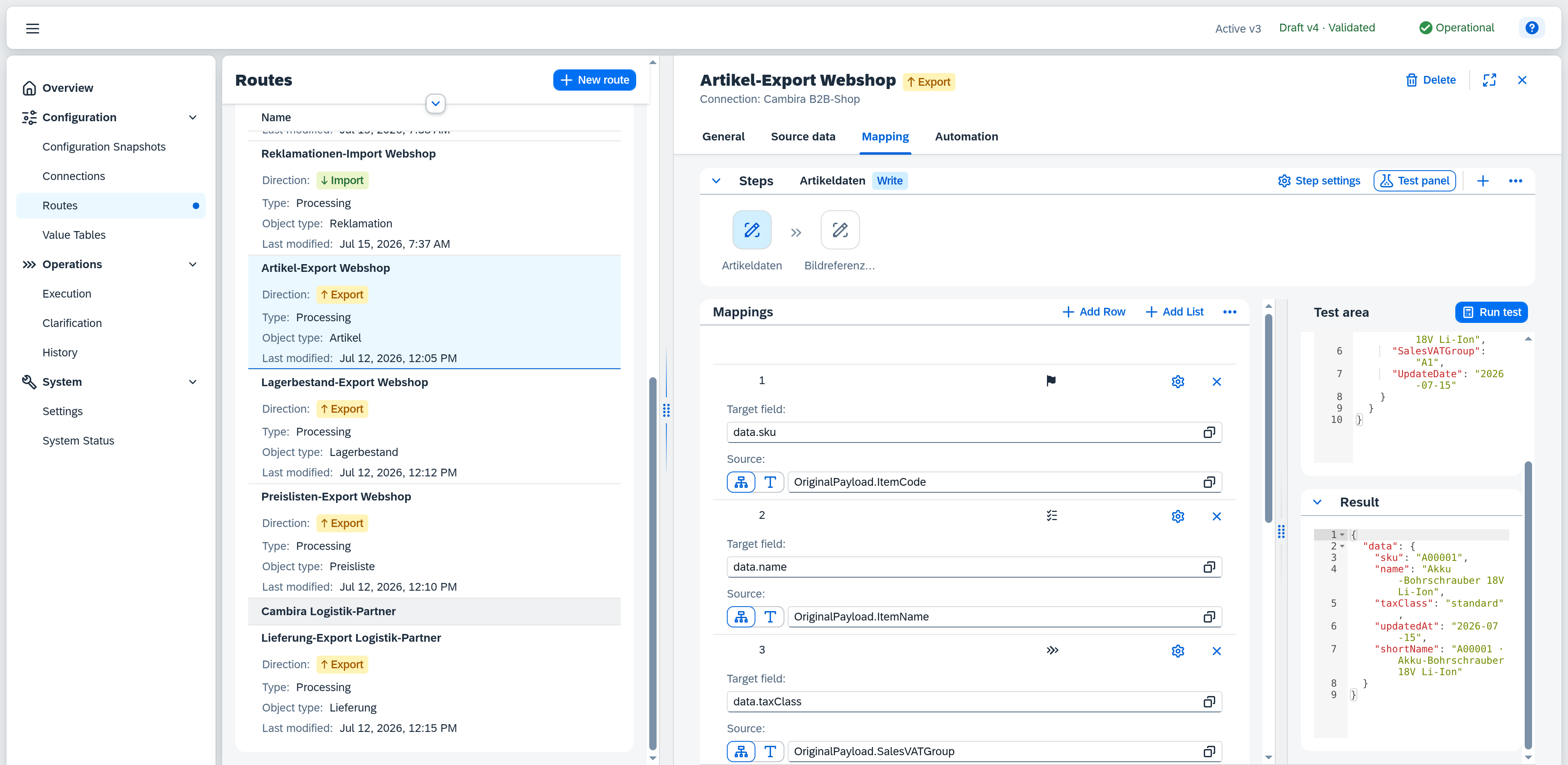 Routes — Mapping, test panel with result