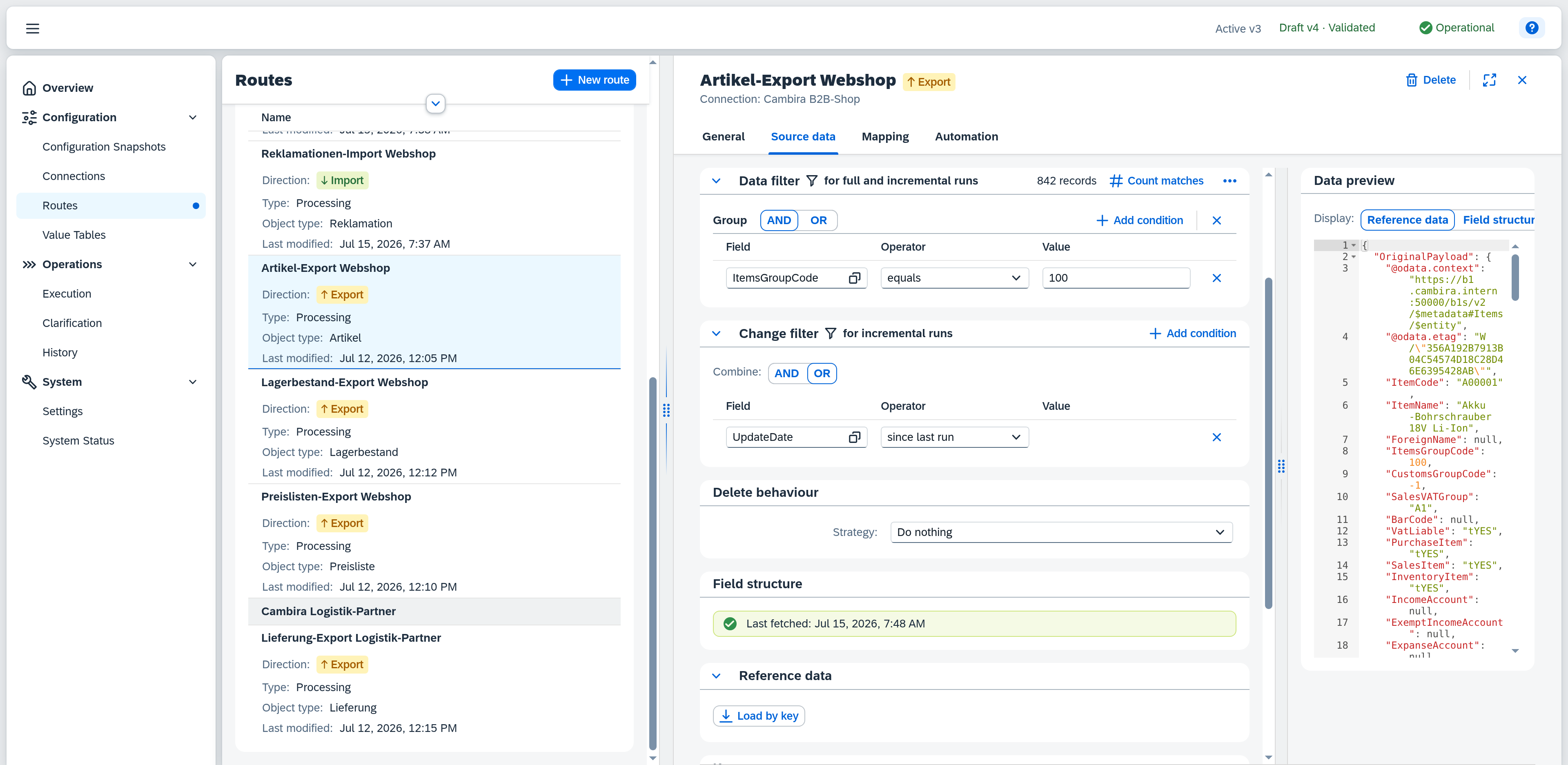 Routes — Source data, data filter and change filter with example values