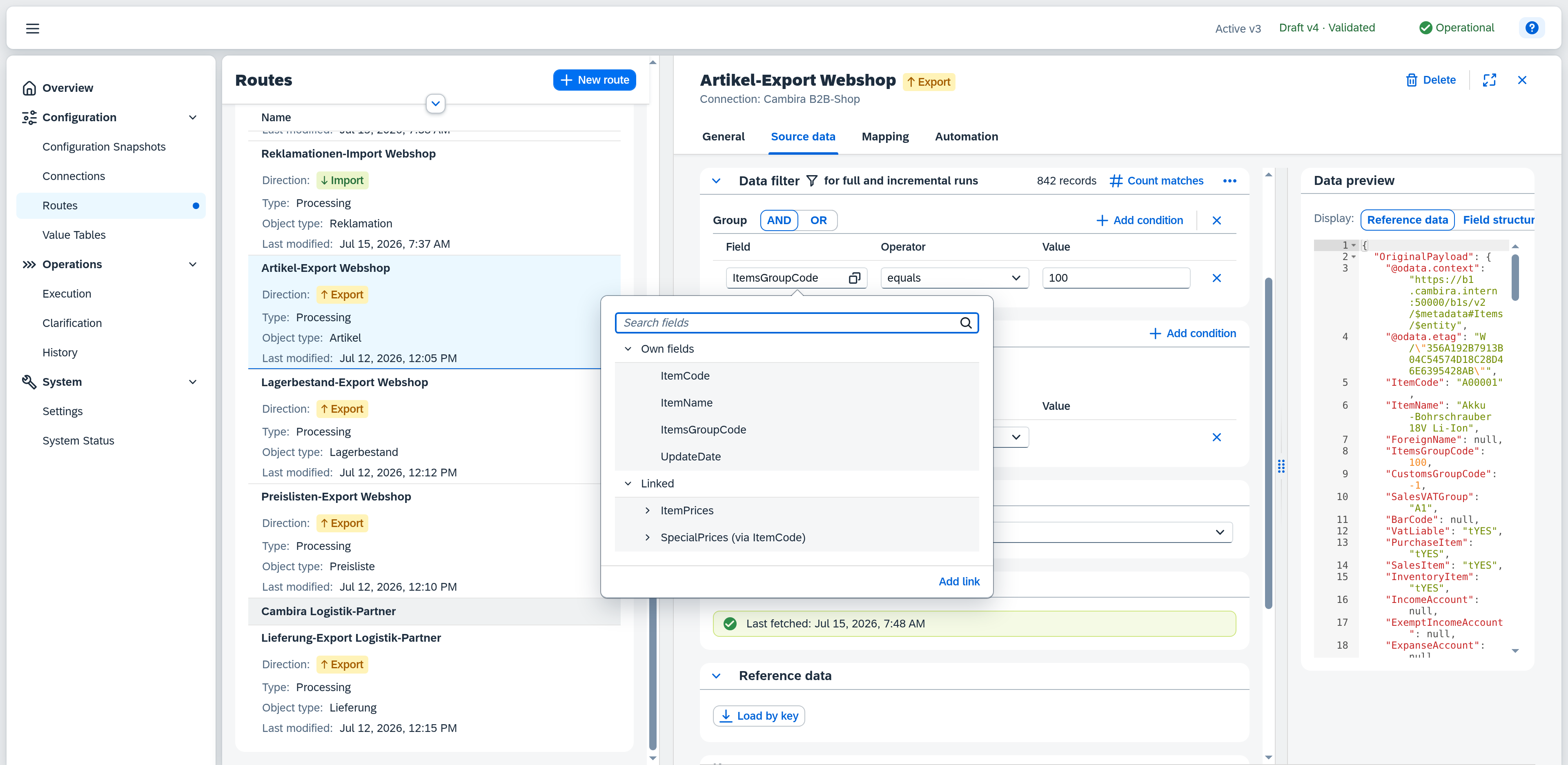 Field picker of the data filter with the groups Own fields and Linked