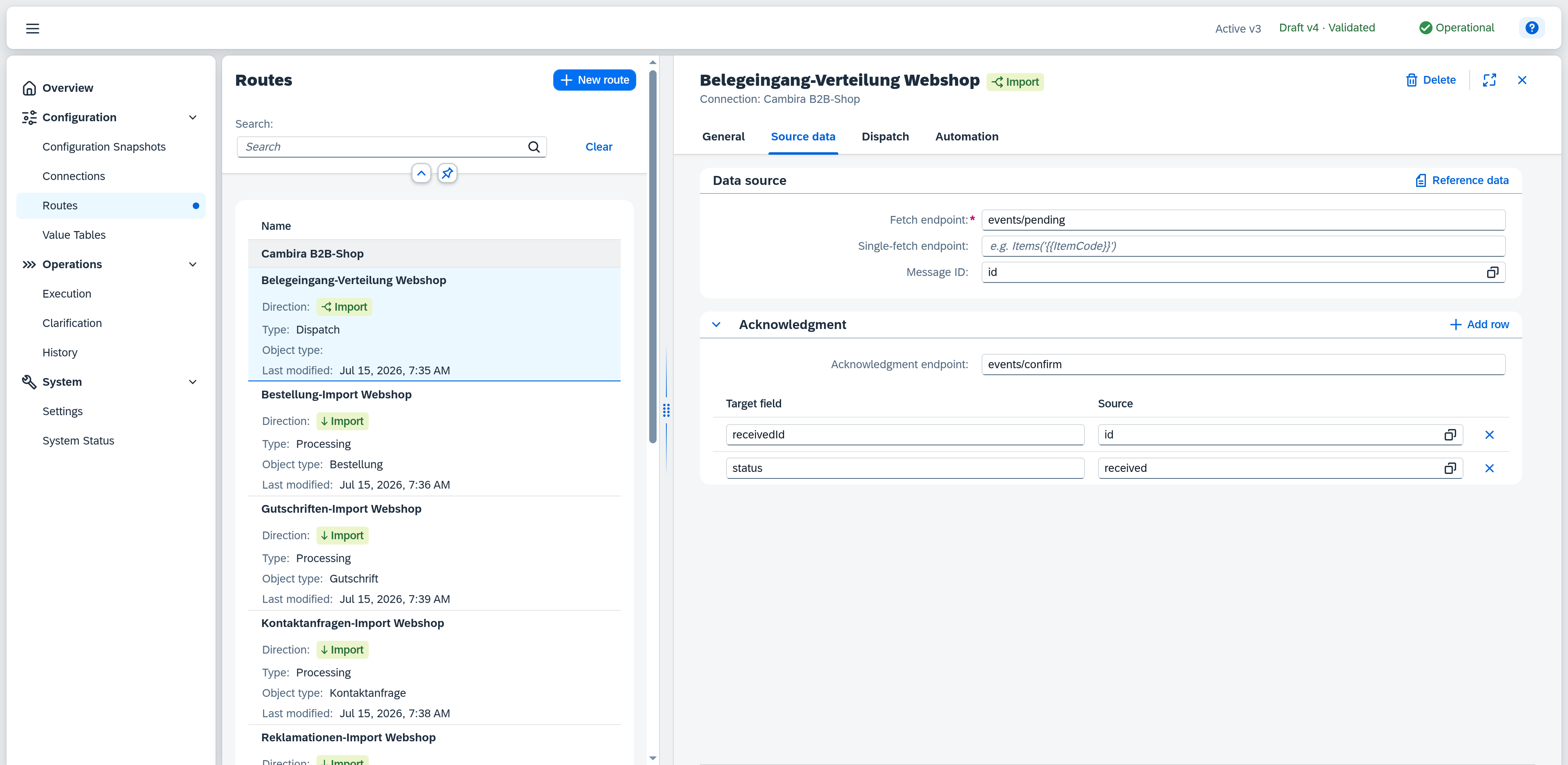 Source data tab of a route with data origin "Queue": message ID and acknowledgment