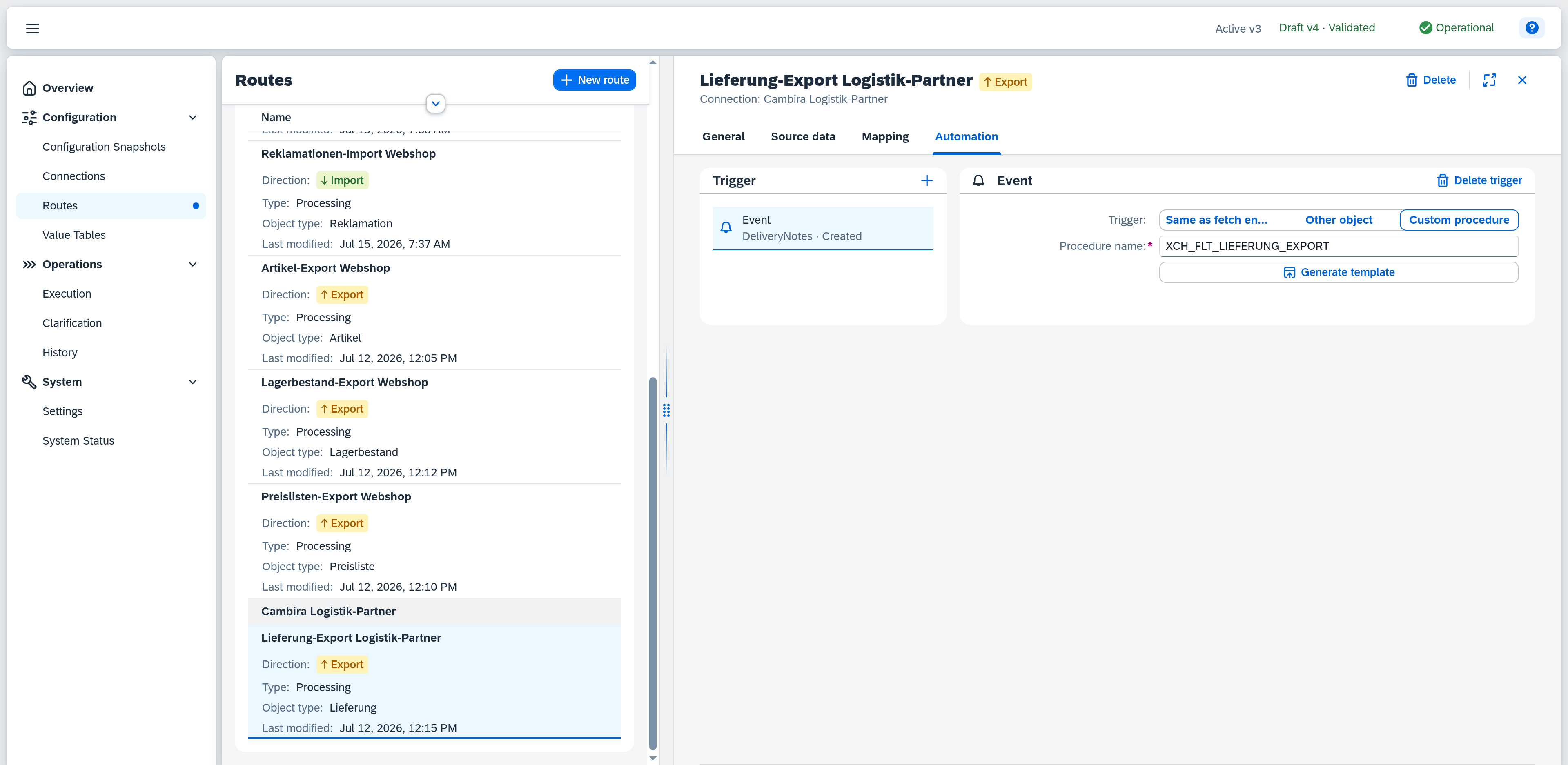 Automation tab of an event route in "Custom procedure" mode, with Procedure name and Generate template