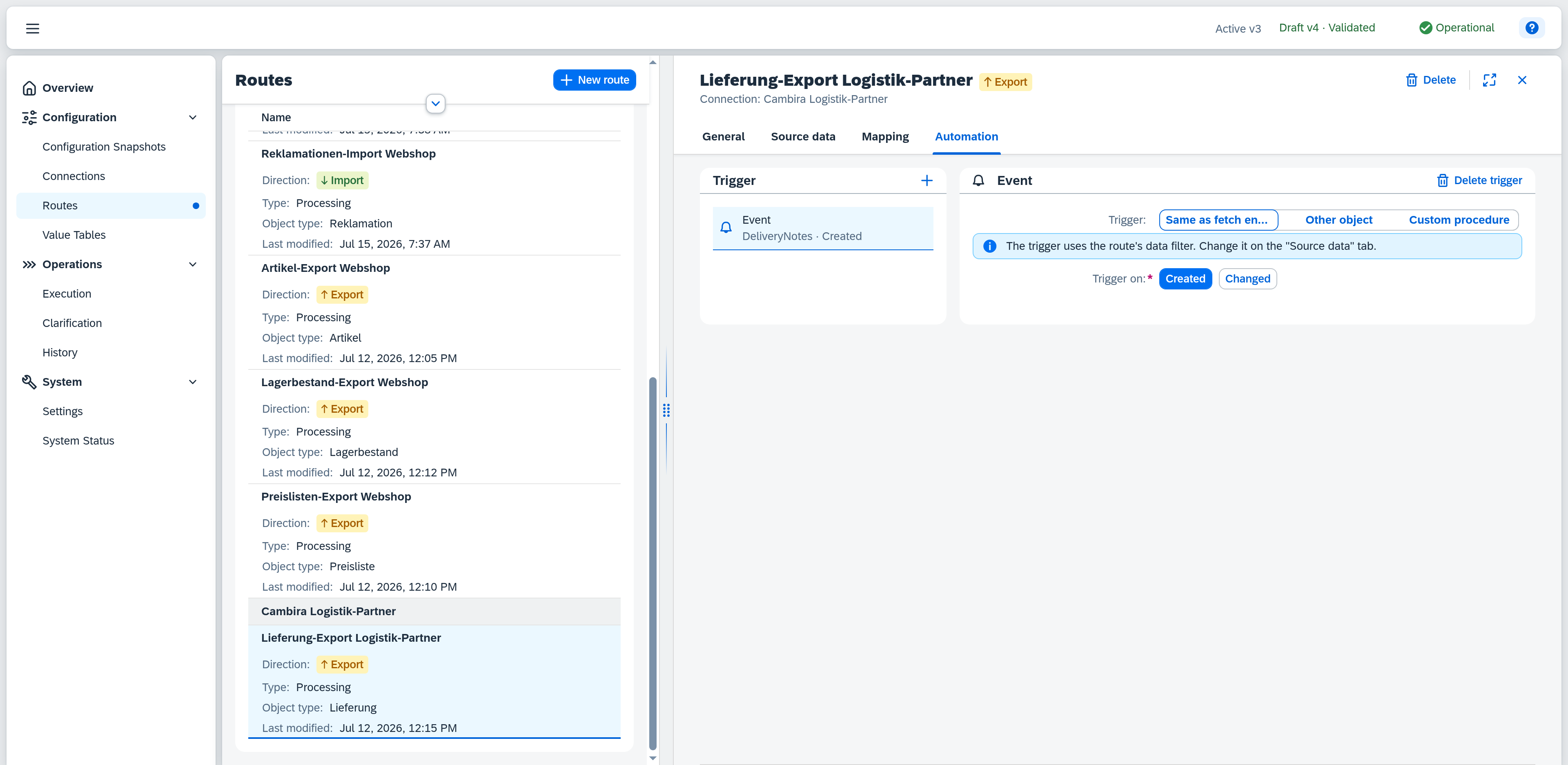 Routes — Automation, event trigger