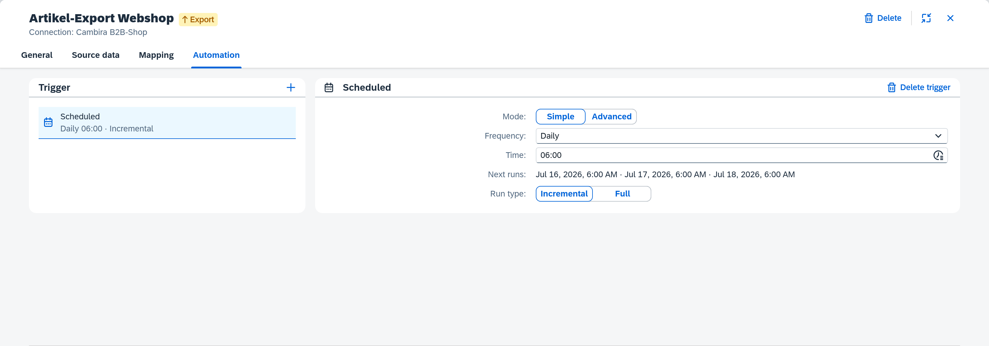 Automation tab with a scheduled trigger, its frequency and the preview of the next runs