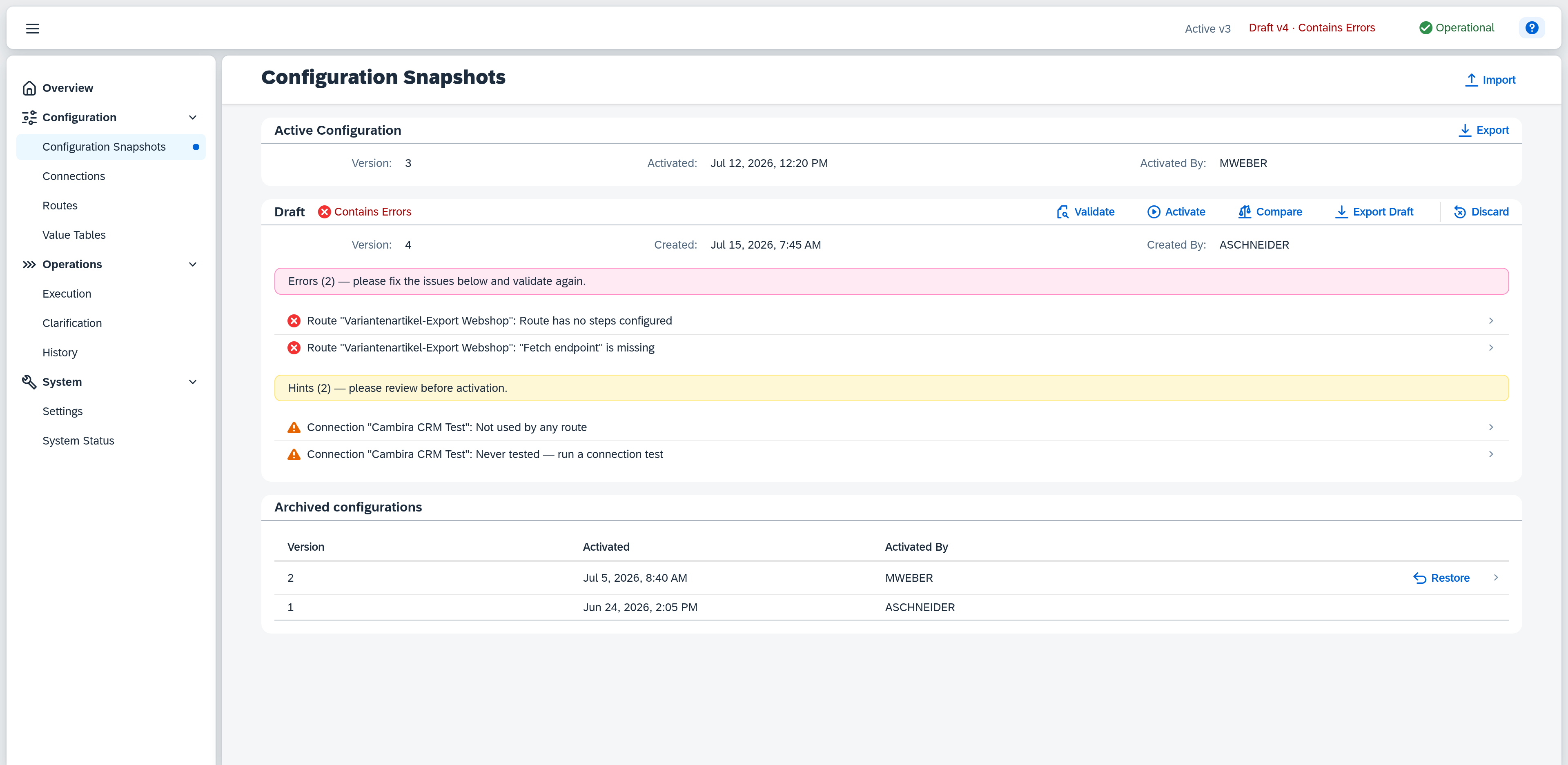 Validation result with errors and warnings
