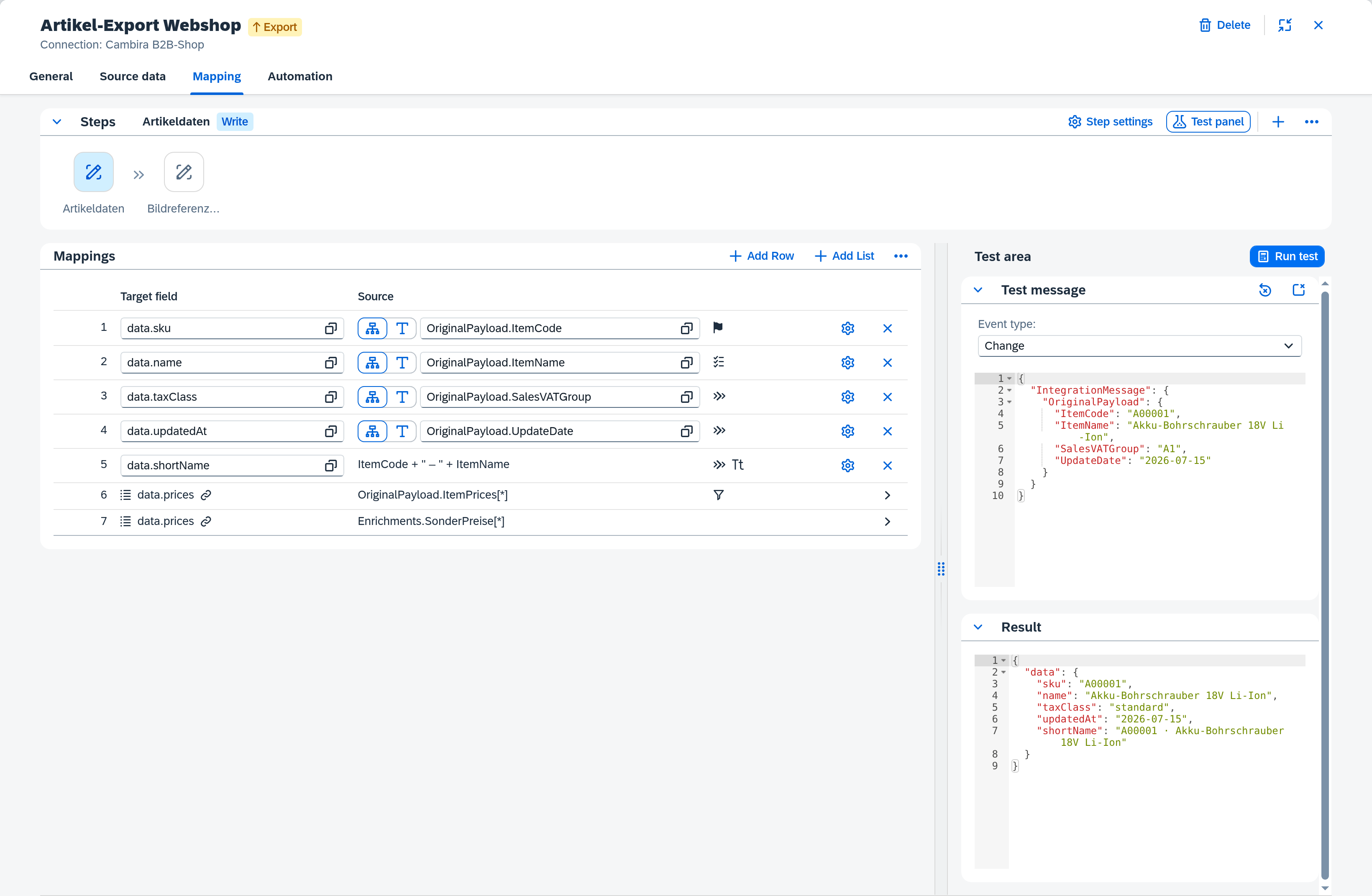 Mapping tab with the test panel open and the result as JSON